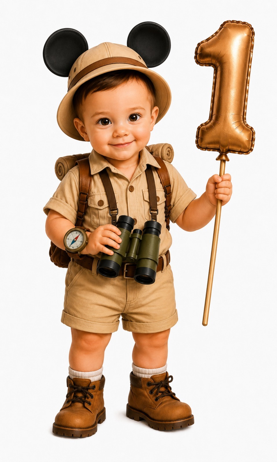 Noah vestido de explorador com balão de 1 ano