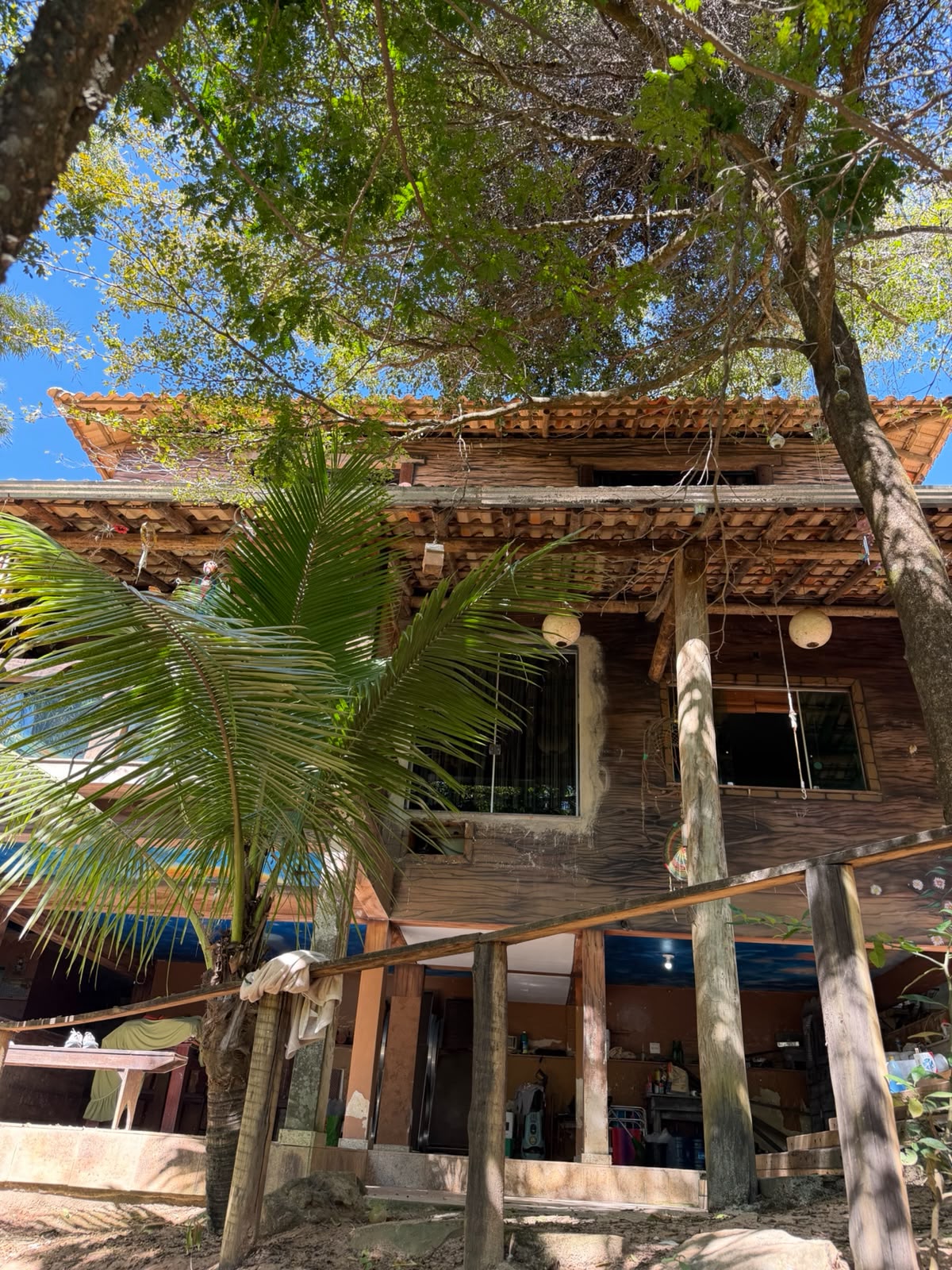 Fachada rústica de madeira cercada por árvores